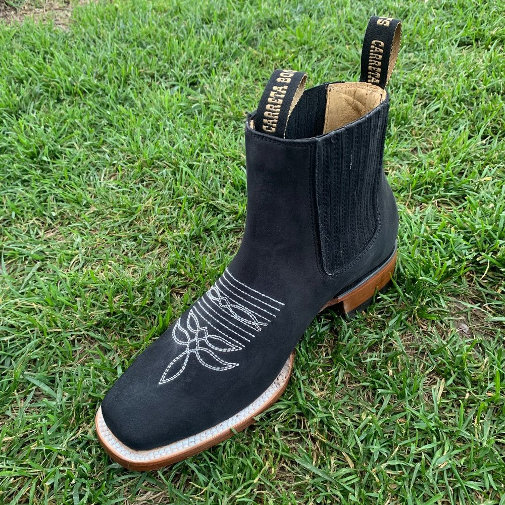 Men's Nubuck Leather Western Cowboy Half Boot Black Rodeo Botin Piel Negro 360 - Picture 5 of 6